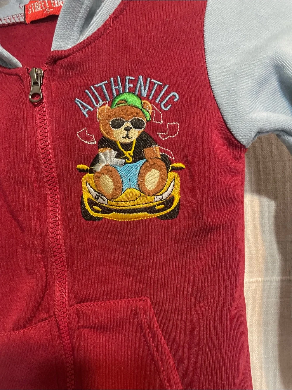 Boys Burgundy & Gray Street Edge Teddy Bear Hoodie. Size 5